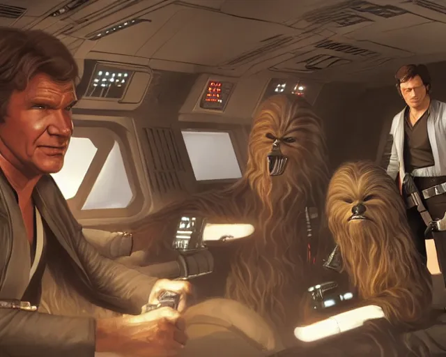 Image similar to the most amazing dream you ever had about han solo, harrison ford,, star wars, gta v, hyper realistic, ambient lighting, concept art, intricate, hyper detailed, smooth, volumetric lighting, george lucas, ralph mcquarrie, octane