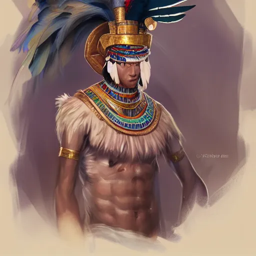 Image similar to a man in a costume with feathers on his head, egyptian art by senior character artist, cgsociety, fantasy art, made of feathers, egyptian art, concept art