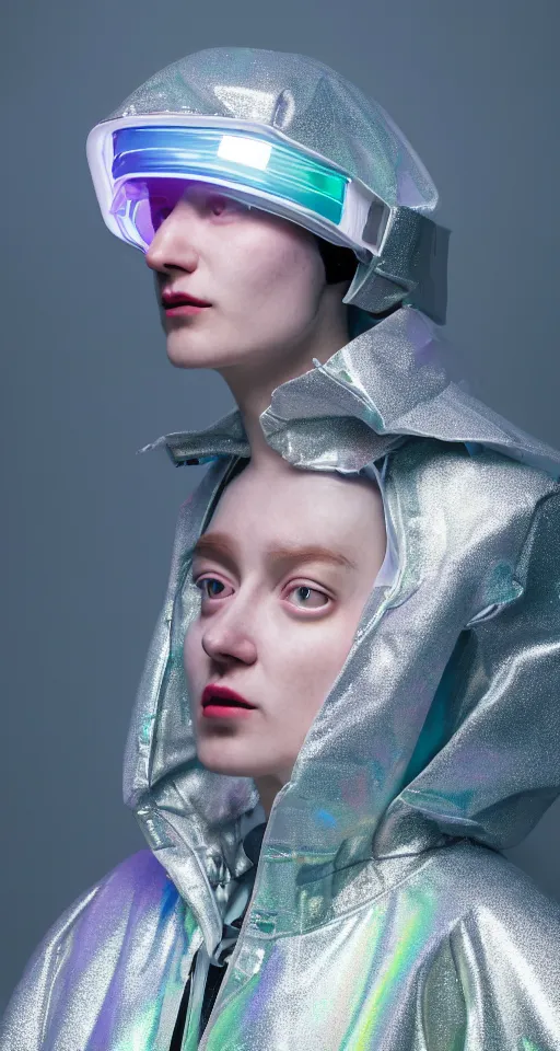 Image similar to an ultra high definition professional studio quality photograph of an artificially intelligent cyberpunk art influencer wearing a transparent iridescent pastel coloured face visor and matching bubbly puffy raincoat on white coat hook in a sheer icelandic black rock environment. three point light. dramatic lighting. volumetric shadows. light rays