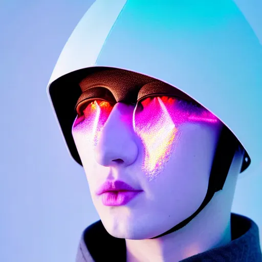 Prompt: an ultra high definition professional studio quality photograph of an artificially intelligent cyberpunk vr influencer wearing a transparent iridescent pastel coloured face visor and matching raincoat on white coat hook in a sheer icelandic black rock environment. dramatic lighting. volumetric shadows. light rays