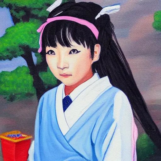 Prompt: a painting of Japanese schoolgirl, clothed, Epic