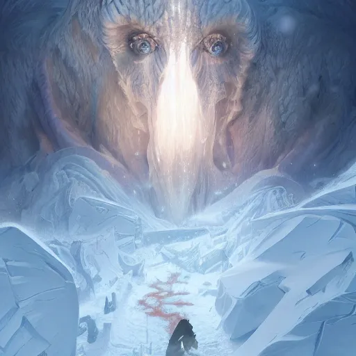 Image similar to A monster in the Arctic covered in snow, fractal Lighting, by Stanley Artgerm Lau, WLOP, Rossdraws, James Jean, Andrei Riabovitchev, Marc Simonetti, and Sakimichan, trending on artstation