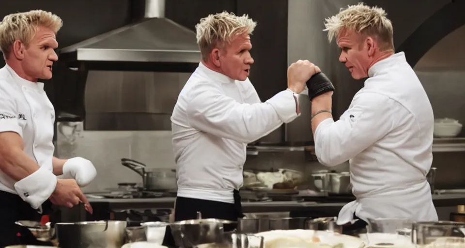 Image similar to photo of angry furious Gordon Ramsay punching Gordon Ramsay at the kitchen