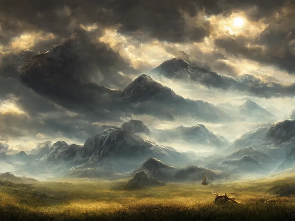 Image similar to a cinematic landscape view looking at an open field with a dragon flying above, mountains in the distance, the sun shines through the parted clouds, digital painting, fantasy, art by alexandre mahboubi and christophe oliver