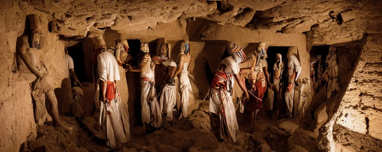 Image similar to ancient egyptians discovering a tomb inside a pyramid made of spaghetti, national geographic, canon 5 0 mm, cinematic lighting, photography, retro, film, kodachrome