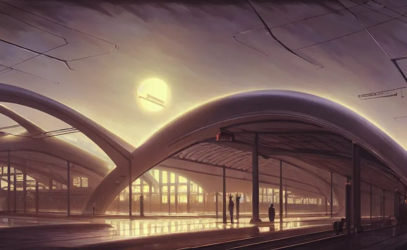 Prompt: exterior shot of utopian train station with cinematic lighting by zaha hadid and renzo piano, darek zabrocki and greg ruthkowski, alphonse mucha, simon stalenhag, cinematic, holy place, paradise, scifi, futurism, atmospheric, sunset, concept art, artstation, trending on artstation