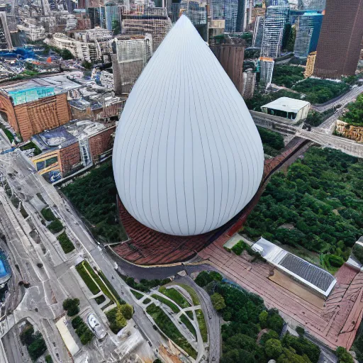 Prompt: a giant 1 0 0 meter bean in the middle of a city