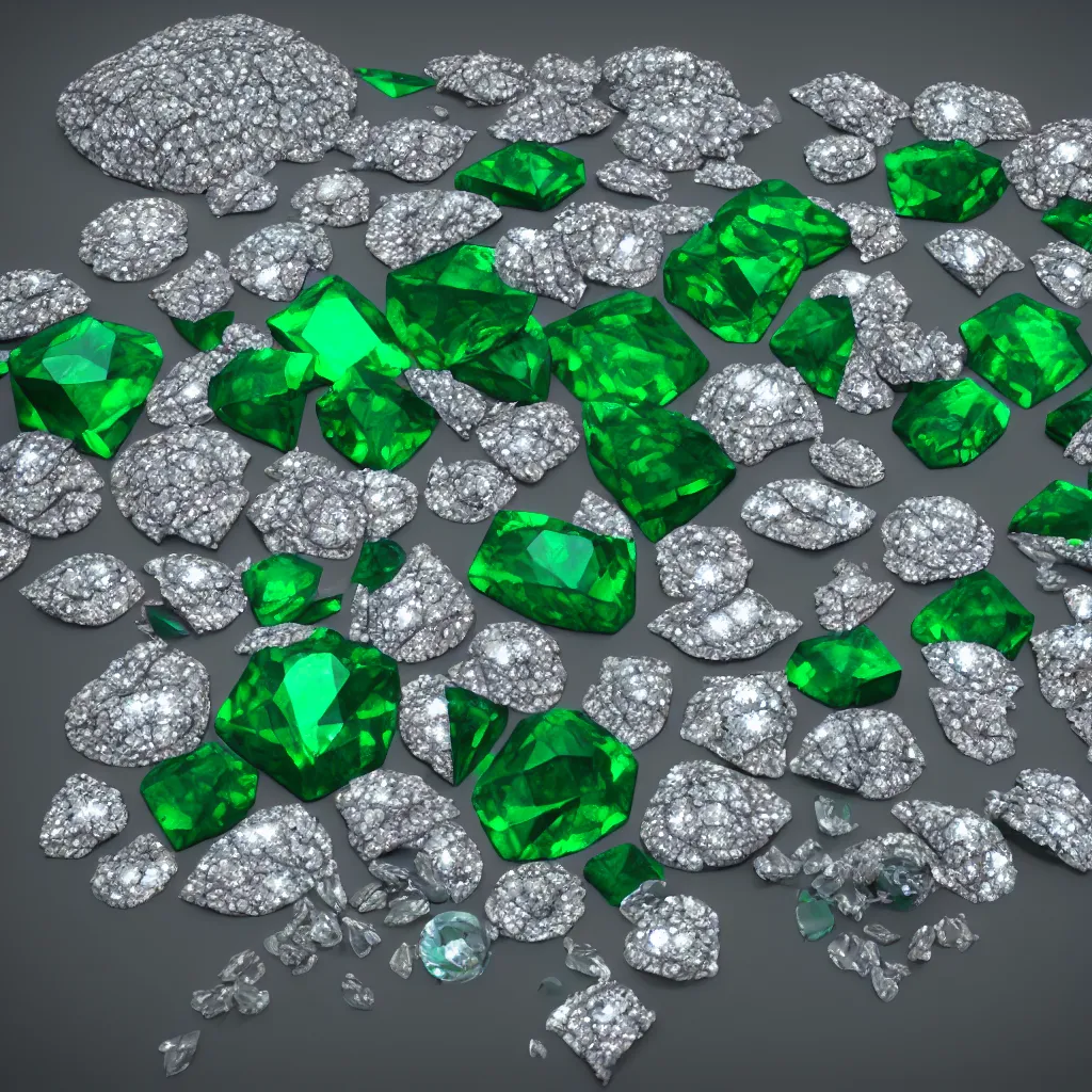 Prompt: Diamonds, emeralds, gems, fish scales, 3d render, unreal engine 5