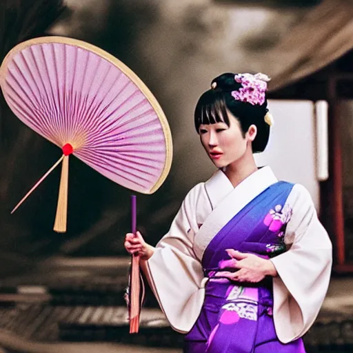 Image similar to Japanese geisha with beautiful violet paper fan, 4k photography, 30 mm lens, cinematic light, warm atmosphere, in style of Kar Wai Wong, cigarette smoke trail