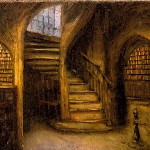 Prompt: expressive painting of an old French medieval library with spiral staircases late evening moody dark musty old, oil painting by Rembrandt
