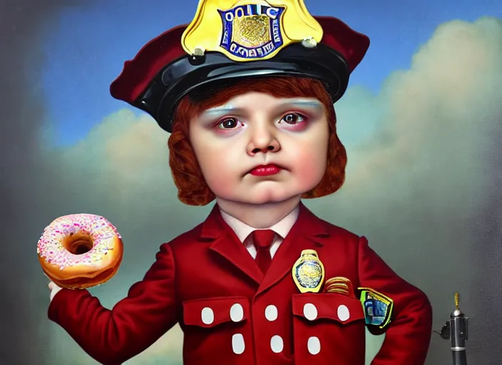 Image similar to a donut dressing a police officer costume, lowbrow, matte painting, 3 - d highly detailed, in the style of mark ryden,