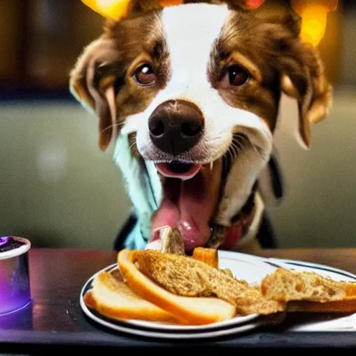 Image similar to dog eating a sandwich in a bar on an alien planet, cyberpunk