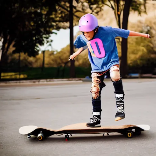 Prompt: a horse wearing 90's cool kid clothing doing a kick flip on a skateboard