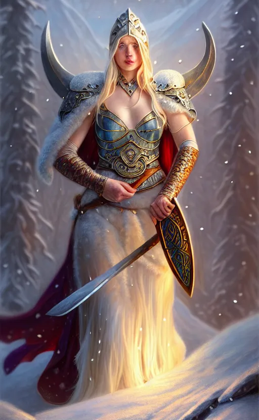 Image similar to opal viking warrior, regal, elegant, winter, snow, beautiful, stunning, hd, illustration, epic, d & d, fantasy, intricate, elegant, highly detailed, wide angle, digital painting, artstation, concept art, smooth, sharp focus, illustration, wallpaper, art by artgerm and greg rutkowski and alphonse mucha and jin xiaodi