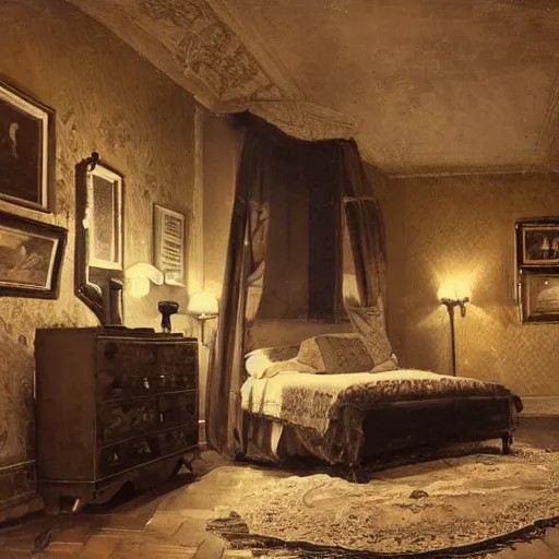 Prompt: a late 19th century London at night themed bedroom, cobblestone floors