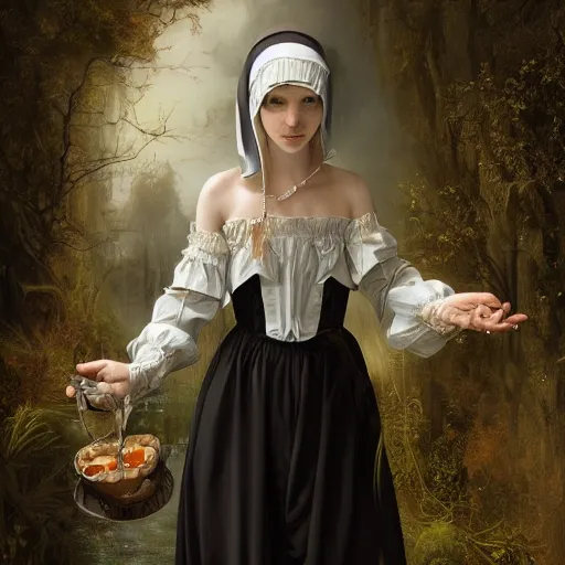 Image similar to A masterpiece portrait of a Incredibly beautiful maid baroque renaissance swamp nun girl with greyhound medium shot, intricate, elegant, highly detailed. trending on artstation, digital art, by Stanley Artgerm Lau, WLOP, Rossdraws, James Jean, Andrei Riabovitchev, Marc Simonetti, Yoshitaka Amano. background by James Jean and Gustav Klimt, light by Julie Bell, 4k, porcelain skin.