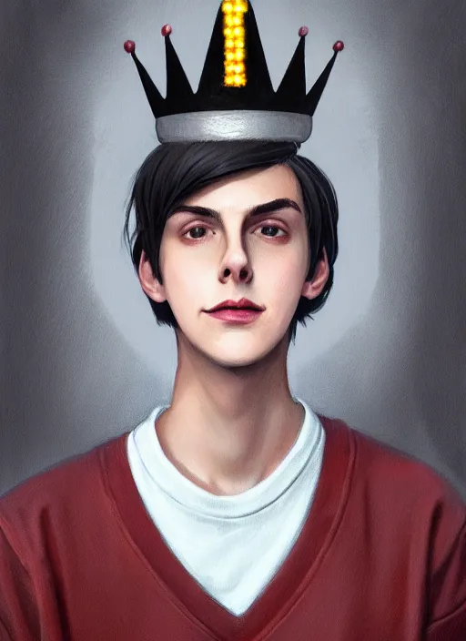 Image similar to portrait of teenage jughead jones wearing a light grey crown, photorealistic, crown, eyes closed, crown, black hair, sweater with letter s on it, letter s, intricate, elegant, glowing lights, highly detailed, digital painting, artstation, concept art, smooth, sharp focus, illustration, art by wlop, mars ravelo and greg rutkowski