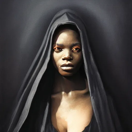 Image similar to a portrait of a young black woman wearing a long dark cloak, hood and shadows covering face, anatomically correct, beautiful perfect face, enigmatic, oil painting, matte painting, black background, Volumetric dynamic lighting, Highly Detailed, Cinematic Lighting, Unreal Engine, 8k, HD, by Beksinski