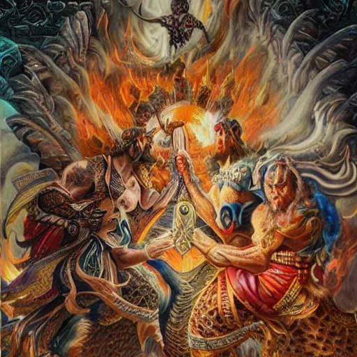 Image similar to battle between gods of all religions, airbrush painting, illustration, intricate detail, award winning work,