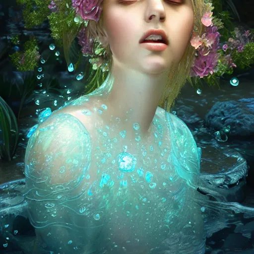 Image similar to ultra realistic 3 d render of a gorgeous goddess made of water and blooming flowers rising out of the water dripping by charlie bowater and farid ghanbari, beautiful, bioluminescent, ethereal, waterfall, intricate, elegant