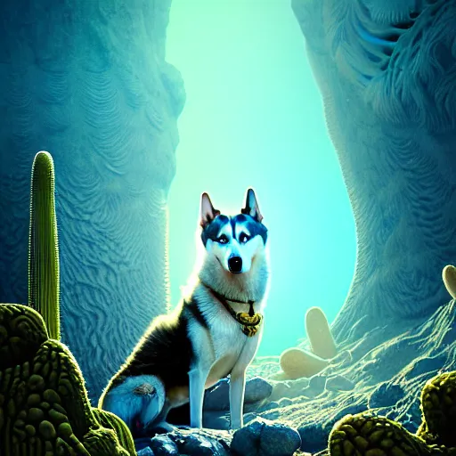 Image similar to alaskan husky creature creature in a desert lush oasis, warm tones, bioluminescent bioluminescent translucent translucent : : by guillermo del toro, daniel merriam, victo ngai and michal karcz : : ornate, dynamic, particulate, intricate, elegant, highly detailed, centered, artstation, smooth, sharp focus, octane render