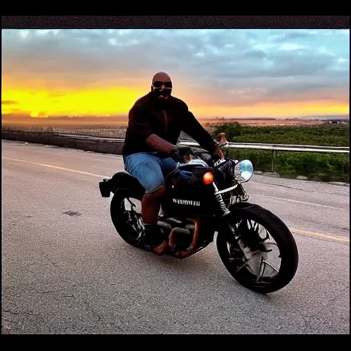Prompt: steve harvey riding a motorcycle during a sunset