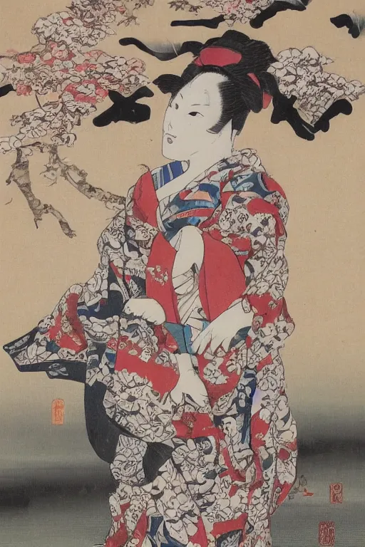 Image similar to geisha with traditional kimono, art of the katsushika hokusai