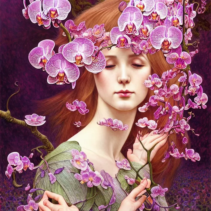 Image similar to psychedelic, orchid, cherry blossom tree, mushrooms, diffuse lighting, fantasy, intricate, elegant, highly detailed, lifelike, photorealistic, digital painting, artstation, illustration, concept art, smooth, sharp focus, art by John Collier and Albert Aublet and Krenz Cushart and Artem Demura and Alphonse Mucha and Giuseppe Arcimboldo