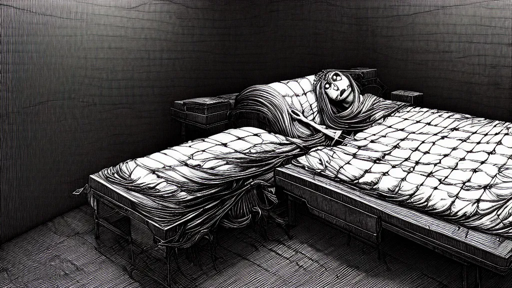 Image similar to comfortable bed that makes me want to sleep, hyperdetailed, artstation, cgsociety, nightmare fuel, style of Giger, H. R. GIGER, style of Junji Ito, 4K, highly detailed, minimalistic, minimalistic, minimalistic, fine tuned, machina