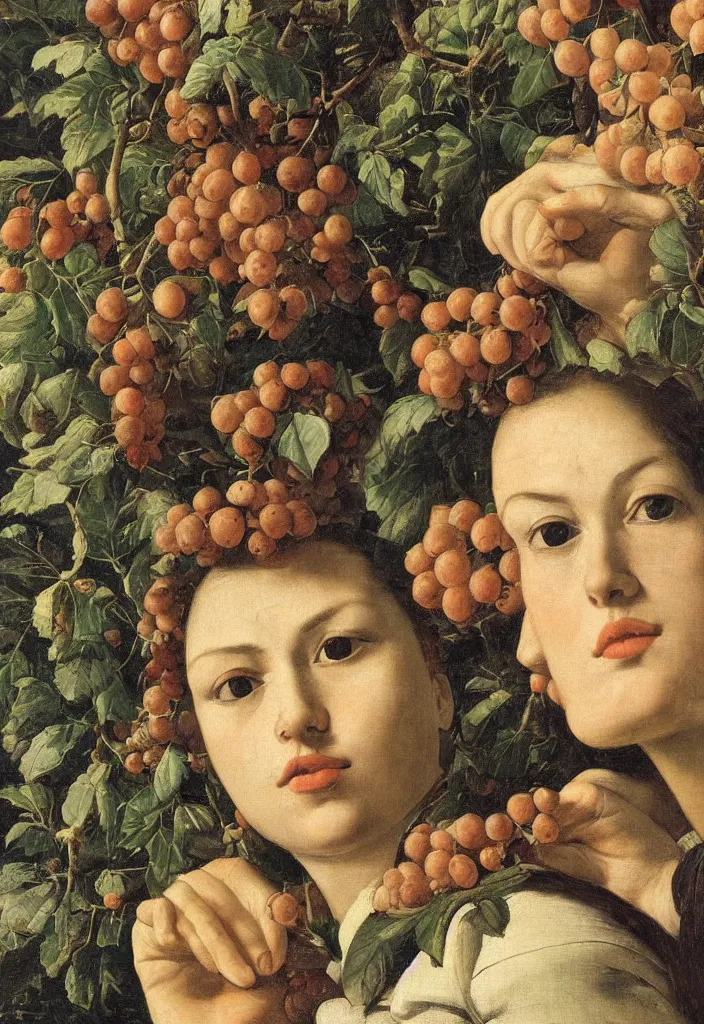 Image similar to men and women, closeup portrait, garden with fruits on trees, ultra detailed, Orazio Gentileschi style