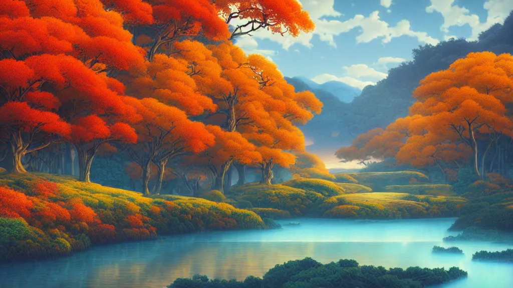 Image similar to digital painting of a lush river valley by gerald brom. blue river. autumn day. sunset. autumn hills. chiho aoshima. digital render. detailed. beautiful landscape.