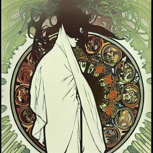 Prompt: mysterious figure, Alphonse Mucha, james jean