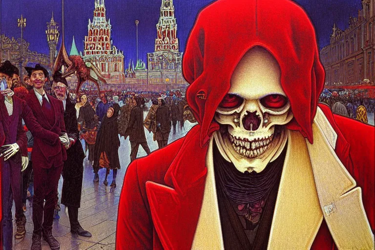 Image similar to realistic detailed closeup portrait painting of a single skeleton wearing red velvet blazer in a crowded futuristic moscow street by jean delville, amano, yves tanguy, alphonse mucha, ernst haeckel, ilya repin, edward robert hughes, andrei tarkovsky, roger dean, rich moody colours, blue eyes