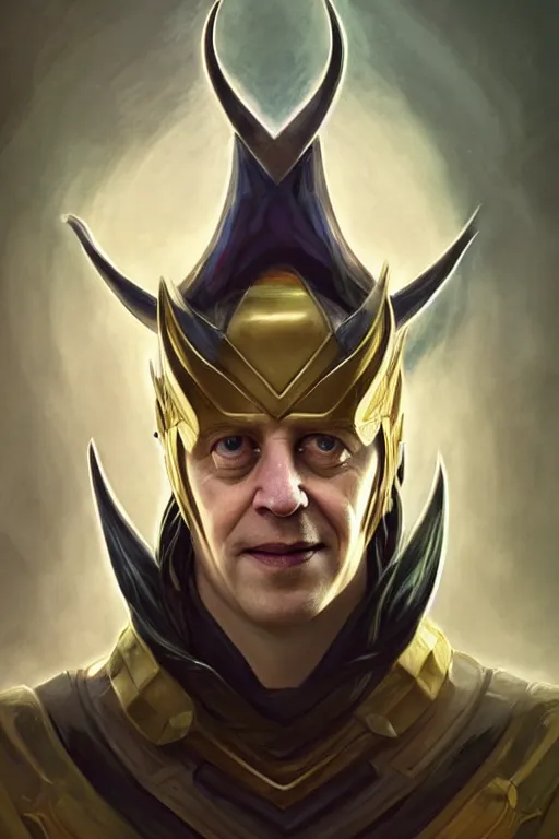 Prompt: Boris Johnson as Loki, realistic portrait, symmetrical, highly detailed, digital painting, artstation, concept art, smooth, sharp focus, illustration, cinematic lighting, art by artgerm and greg rutkowski and alphonse mucha