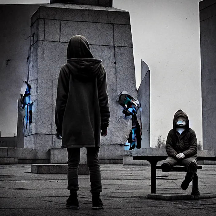 Image similar to storyboard : sadie sink in hoodie sits on bench in ruined square, pedestrians walk by, soviet monument and propaganda posters. scifi cyberpunk. by gabriel hardman. cinematic atmosphere, detailed and intricate, perfect anatomy