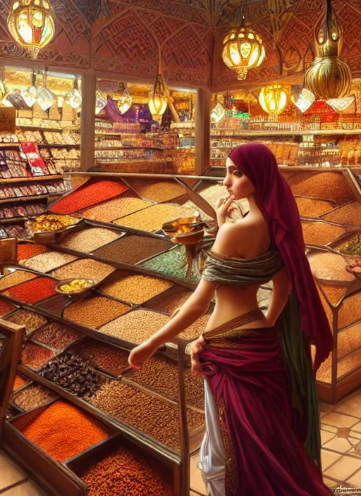 Prompt: a young arabian lady shopping at a desert spice market, shiny, fantasy, intricate, elegant, hyper detailed, ultra definition, photoreal, artstation, unreal engine rendered, concept art, smooth, sharp focus, illustration, art by artgerm and greg rutkowski and alphonse mucha and garis edelweiss