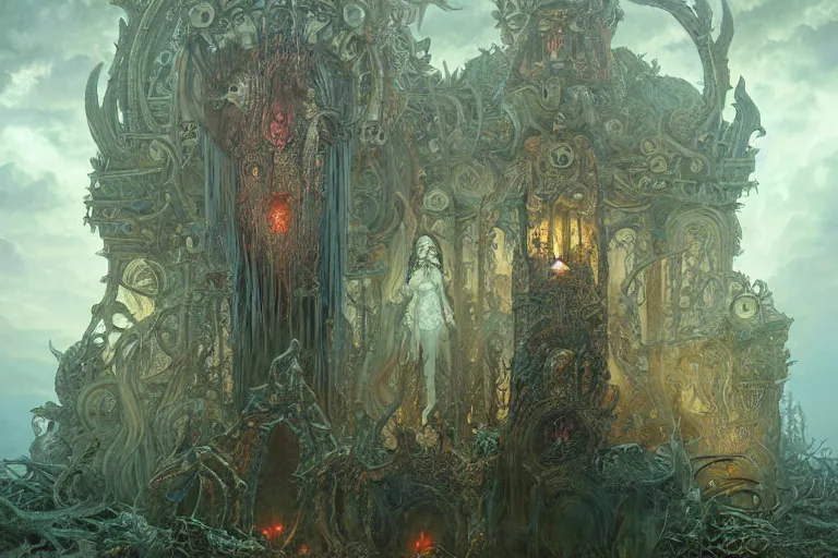 Image similar to a lovecraftian painting of a demonic shrine, occult, paigan ritual, cosmic horror elements, ultra realistic, concept art, intricate details, eerie, highly detailed, photorealistic, octane render, 8 k, unreal engine. art by artgerm and greg rutkowski and alphonse mucha