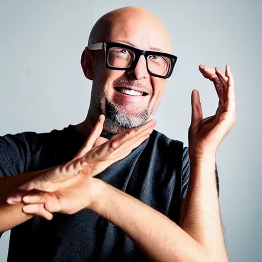 Prompt: “a bald happy man in his forties with blonde goatee and black glasses. He wears a white tank top and he’s clapping his hands with his face”