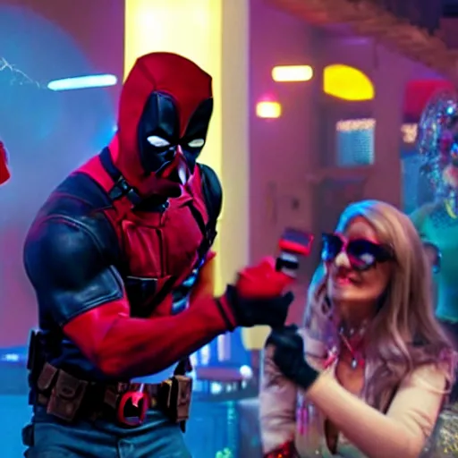 Image similar to a still of deadpool dancing at the disco with the ladies