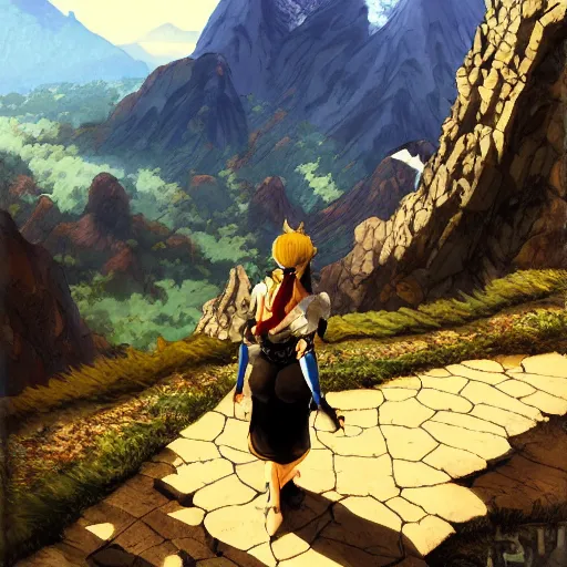 Image similar to an adventurer looks at mountains in the distance, vanillaware art, george kamitani