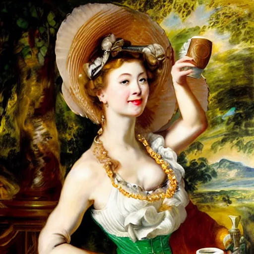 Image similar to heavenly summer sharp land sphere scallop well dressed lady holding a starbucks coffee cup, auslese, by peter paul rubens and eugene delacroix and karol bak, hyperrealism, digital illustration, fauvist, starbucks coffee cup green logo