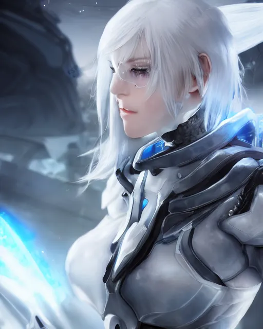 Prompt: perfect white haired girl, warframe armor, beautiful, dreamy, half asian, pretty face, blue eyes, detailed, windy weather, scifi platform, laboratory, experiment, 4 k, ultra realistic, epic lighting, cinematic, high detail, masterpiece, art by akihito tsukushi, akihiko yoshida, voidstar