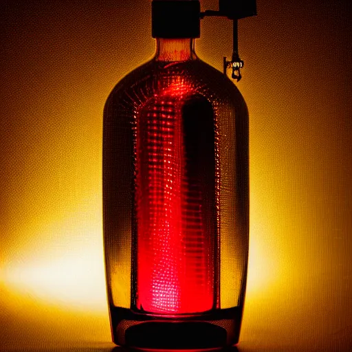 Prompt: an award - winning photo of a translucent glass vodka bottle in the shape and style of a propane cylinder with a yellow and red fire gradient in the background inside an industrial warehouse, dramatic studio lighting, 2 4 mm, close up wide angle lens, ƒ / 8, behance, intricate details, 8 k