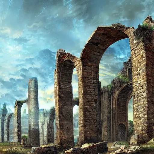 Image similar to Medieval megastructure in ruins, fantasy art