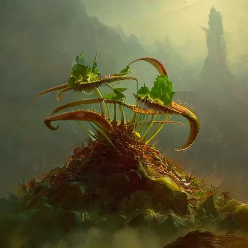 Prompt: the venus flytrap of satan. detailed digital art by greg rutkowski, thomas kinkade and keith parkinson, artstation, cgsociety, 8 k, hd