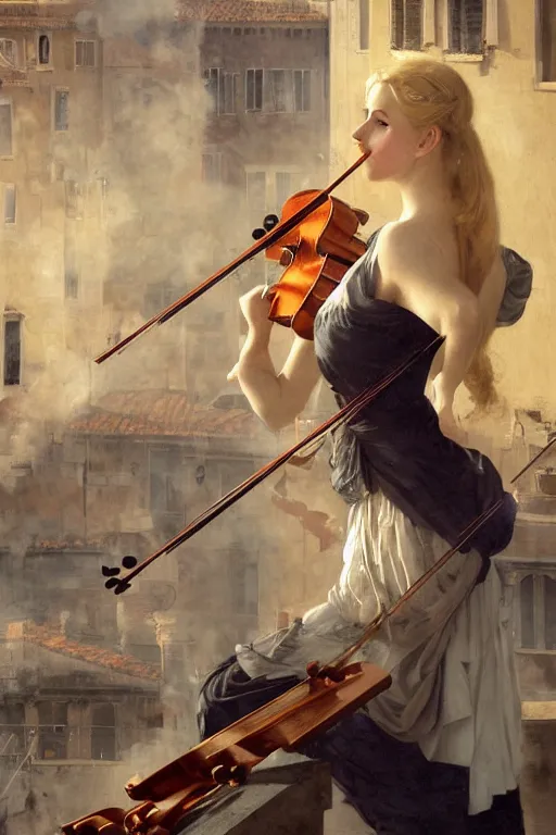 Image similar to beautiful blonde girl, expressively playing the violin, in a venetian outfit, illustration, manga, on the roof of a burning building, highly detailed, artstation, illustration, jurgens, rutkowski, bouguereau, canon eos r 3
