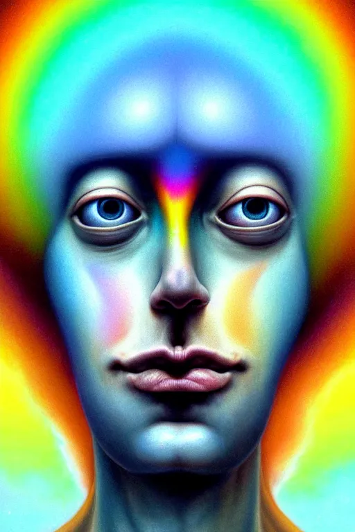 Image similar to hyperrealistic abstract close-up portrait Renaissance psychedelic!! celestial happy! pure creature!! peaceful! kind spirit of nature! beautiful fractal eyes! highly detailed concept art eric zener elson peter cinematic hard rainbow lighting high angle hd 8k sharp shallow depth of field, inspired by Zdzisław Beksiński Salvador Dali