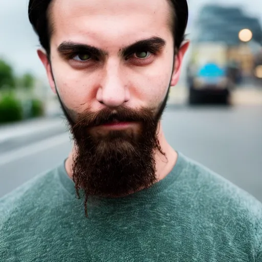 Image similar to young man, long hair, short facial hair, no mustache, dark green eyes, dark eyebrows, light widows peak light facial hair, canon eos r 3, f / 1. 4, iso 2 0 0, 1 / 1 6 0 s, 8 k, raw, unedited, symmetrical balance, in - frame