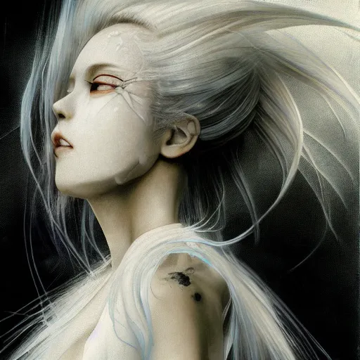 Image similar to Yoshitaka Amano dreamy and blurry portrait of an anime girl with white hair and cracks on her face wearing dress suit with tie fluttering in the wind, abstract black and white patterns on the background, head turned to the side, noisy film grain effect, highly detailed, Renaissance oil painting, weird camera angle