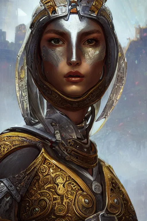 Image similar to portrait knights of Zodiac girl, metalic orange and silver white reflected armor, in ruined Agora of Athens, ssci-fi, fantasy, intricate, very very beautiful, elegant, golden light, highly detailed, digital painting, artstation, concept art, smooth, sharp focus, illustration, art by tian zi and WLOP and alphonse mucha